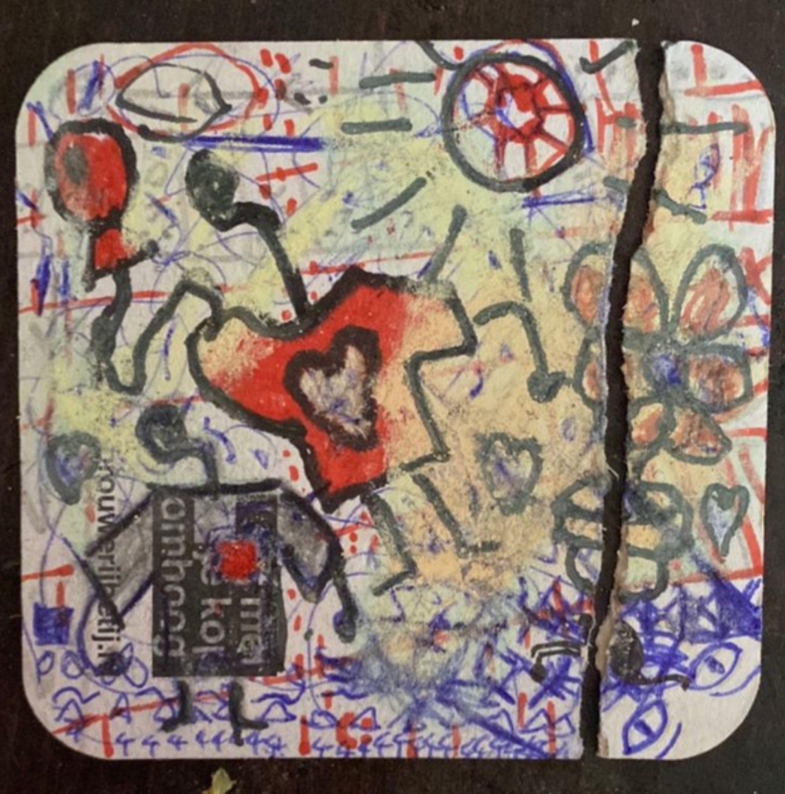 Expressive mixed-media artwork featuring hand-drawn figures, hearts, scribbles and layered abstract textures.