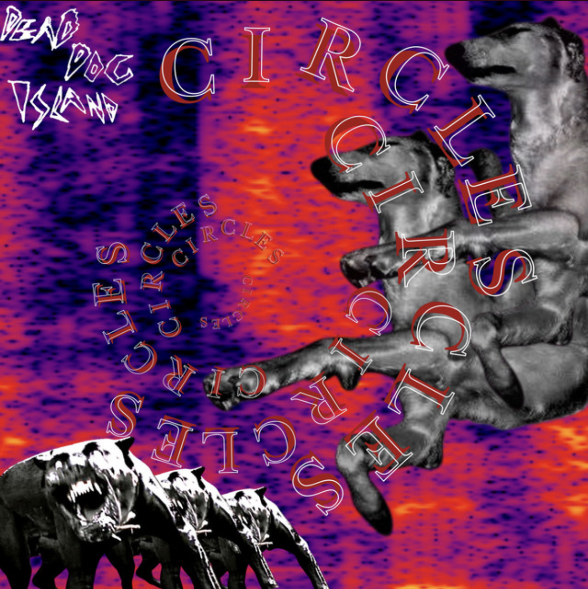 Abstract collage artwork featuring distorted dogs, layered typography and vivid purple, pink and red textures.
