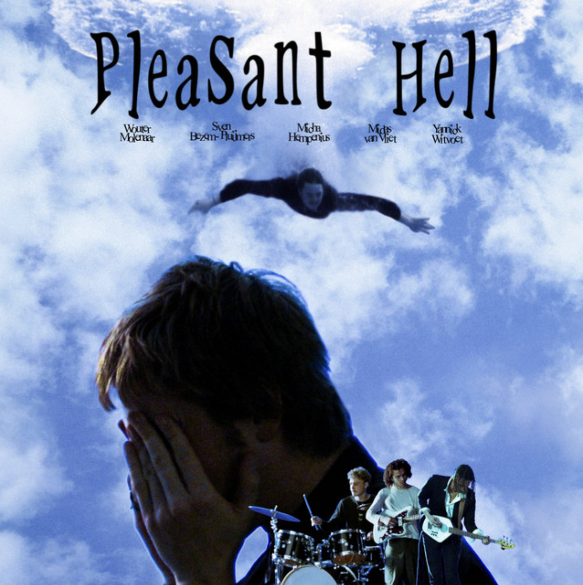 Person covering their face beneath a bright blue sky with surreal typography and floating figures above.