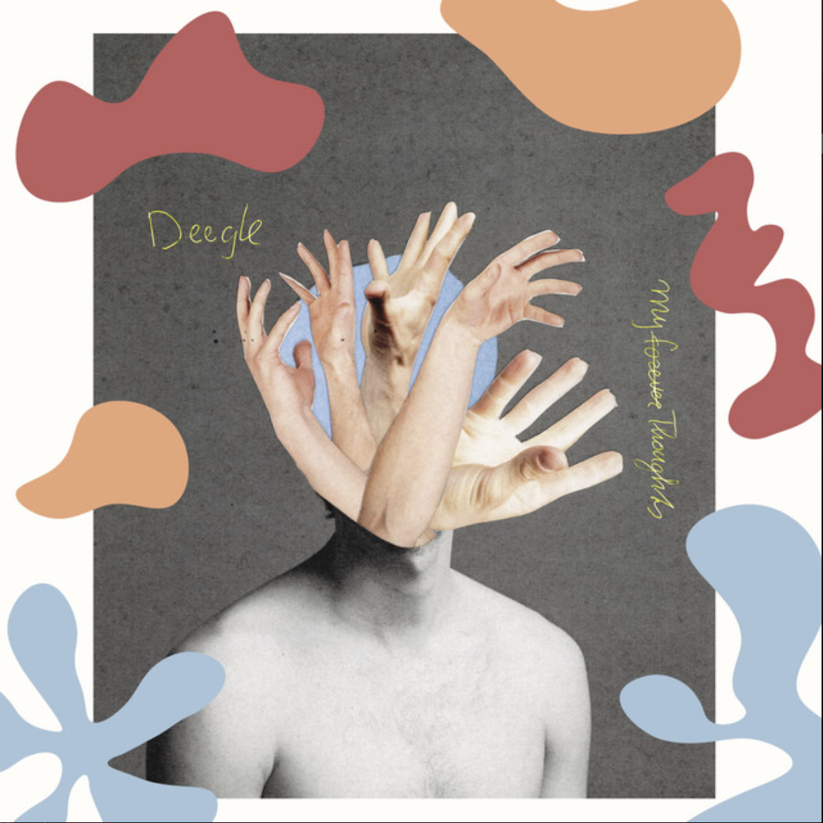 Surreal collage featuring multiple raised hands emerging from a head with abstract pastel shapes.